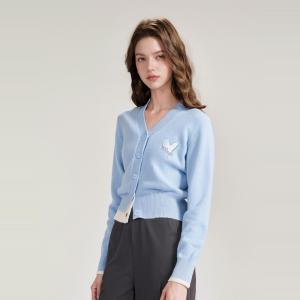 French Embroidered Waist-Cinching V-Neck Knit Sweater Womens Gentle Cardigan Light Blue Long Sleeve Autumn New Style