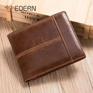 EDERN RFID Retro Genuine Leather Mens Wallet Fashion Casual Cowhide Wallet Short Bifold Wallet Coin Purse Male Money Clip Card Holder