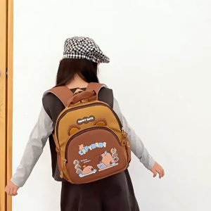 MUSASI Nylon Capybara Backpack Large Capacity Cartoon Capybara School Bag Kawaii Multi-Pockets Kindergarten Backpack