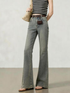 QINGNAER | High-waist Retro Denim Trousers Loose-fit Slimming Flared
