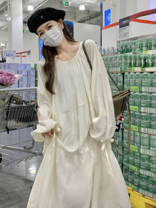 French Style Sweet Loose Long Dress Womens Spring Autumn New Fashion Polyester Fiber Lantern Sleeve H-Line Elegant Dress