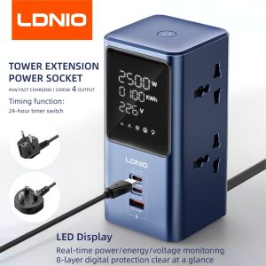 LDNIO | LDNIO Tower Multi Tap Real-time Power LED Display Cube Power Strip Timer Outlet with 45W Fast Charging Stations UK US EU Plug 2M