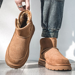 Mens Autumn Winter Snow Boots Waterproof Vintage Genuine Leather Mid-Calf Fleece Lined Warm Shoes Cotton Shoes