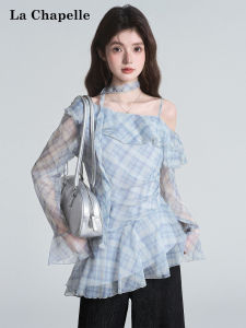 La Chapelle | Plaid Ruffled Hem Batwing Collar Off-Shoulder Irregular Long Sleeve Blouse