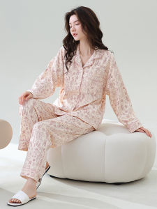 Nguyên Chất Cotton Vải Bông Tay Dài Đồ Ngủ Nữ Rộng Rãi Bộ Quần Áo Gia Đình Mùa Xuân Mùa Thu Họa Tiết In Phong Cách Hàn Quốc Cỡ Lớn Vải Dệt Kim