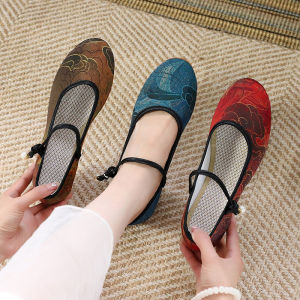 Chunky Heel Mid Heel Chinese Style Mid Heel Cheongsam Wear Wear Dancing Shoes Retro Elegant Style Casual Goddess Style Plaid Cloth Shoes Blue