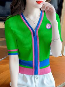 ฤดูร้อน เสื้อยืดแขนสั้นบาง ผู้หญิง คอวี ซิป เปิด คาร์ดิเกน สลิมฟิต เสื้อท่อนบน ทันสมัย เสื้อผ้าป้องกันแสงแดด