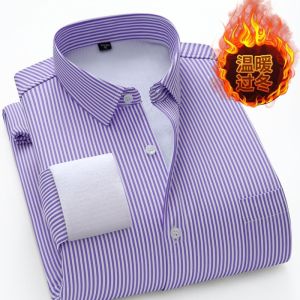 Thickened Fleece Warm Business Casual Shirt Slim Fit Blue Striped Long Sleeve Mens Shirt for Young Professionals Winter Wear