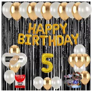 Set Pesta Dekorasi Pesta Ulang Tahun Anak Banner Happy Birthday Foil Gold Balon Gold Mix Topi Ultah