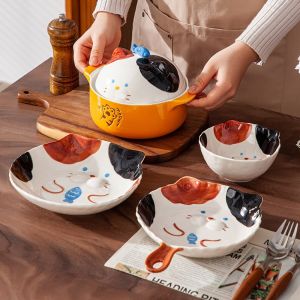 Japanese style Ceramic Dinner Plate Handle Tray Cat Dish Rice Bowl Noodle Bowl