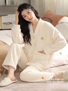 MiiOW | Bộ đồ ngủ lông cừu Coral Fleece dày dặn cho nữ mùa đông 2024 Bộ đồ mặc nhà ấm áp chất liệu polyester dài tay cổ chữ V