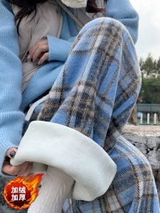 กางเกงขายาวทรงตรงเอวสูงผ้าขนสัตว์บุขนแกะฤดูใบไม้ร่วงและฤดูหนาวสำหรับผู้หญิง กางเกงขายาวทรงหลวมทรงหลวมสไตล์ย้อนยุค