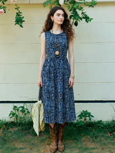 Basic House | Blue Plaid Sleeveless A-line Waist-Cinching Dress