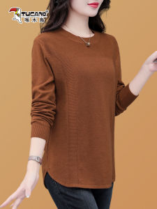TUCANO Mid-Length Womens Knitted Sweater Spring Autumn Low round Neck Long Sleeve Base Layer Top Korean Style Pure Color