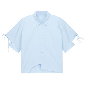 Blue Cotton Casual Shirt Womens Short Sleeve Summer New Design Small Size Loose Top Fashion Artistic Style Pure Color Polo Collar