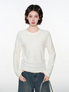White Long Sleeve Base Shirt T-Shirt Womens Early Autumn Velvet Brushed Short Waist Inward Matching Upper Body Korean Style Commute