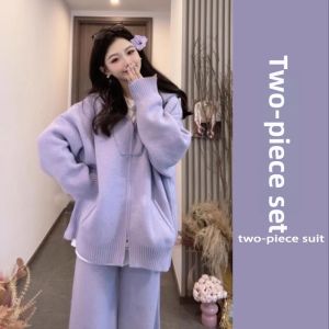 YUEZHONGWEI | Womens Outfit Knitted Pullover and Wide Leg Pants Set