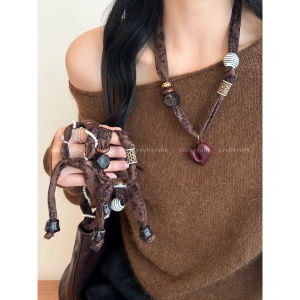 Fashionable Brown Velvet Nut Flower Silk Scarf Necklace Womens Style Autumn Winter Vintage High-End Sweater Chain Accessory