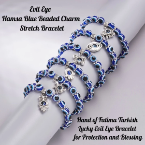 Evil Eye Hamsa Blue Hand of Fatima Turkish Lucky Evil Eye Bracelet for Protection and Blessing