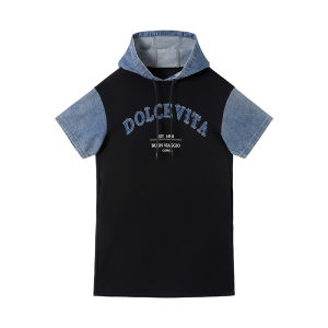 URLAZH | Summer New American Retro College Style Denim Patchwork Loose Hooded Dress