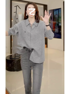 Elegant French Design Womens Knitwear Inner Shirt Slimming Top Polyester Fiber Long Sleeve Polo Collar Button Detail Loose Fit