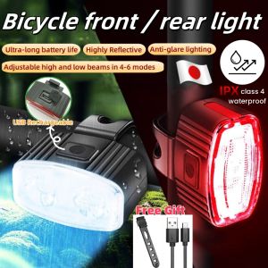 Bicycle Light Rechargeable USB Bike Headlight Tail Light Bike Accessories And Parts Bicycle Light Front And Rear 6 Lighting Modes Bike Light Waterproof Powerful Flashlight For Bike Night Ride Mountain Roads Easy Disassembly And Assembly