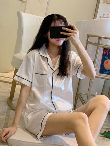 White Summer Silk Pajamas Womens Thin Short Sleeve Short Pants Two-Piece Set Wedding True Silk Large Size Open Cardigan