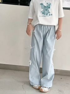 Girls Loose Pants for 7-16yrs High Quality Comfortable Fabric Bow Decoration Korean Casual Baggy Pants Teens Wide-leg Bottoms
