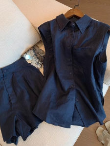 High-End Cotton Linen Set for Women Young Style Summer Shirt Shorts Two-Piece Set Luxury Feelings Buttoning Wearing Way