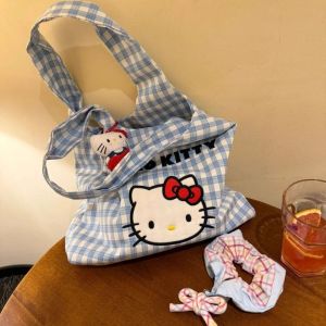 กระเป๋าสะพาย Hello Kitty น่ารัก - กระเป๋าผ้าแคนวาสผ้าฝ้ายขนาดใหญ่สําหรับเด็กผู้หญิง กระเป๋าช้อปปิ้งแฟชั่นคาวาอิพร้อมพิมพ์ลายแมวน่ารัก