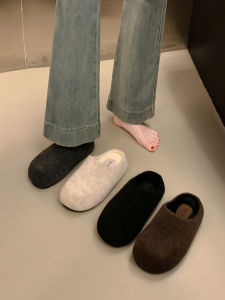 Womens Faux Fur Slippers Inner Heightening Slip-On Winter Rubber Sole Thick Heel Buckle Sandals Comfortable Breathable Cotton