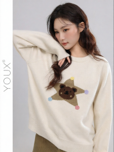 YOUXIANG | Áo Sweater cổ tròn thêu gấu hoạt hình rộng rãi thoải mái Mới 2026