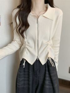 เสื้อสเวตเตอร์คอโปโลถักแบบมีซิปสำหรับผู้หญิงไซส์ใหญ่ ทรงหลวม แขนยาว สไตล์เกาหลี ฤดูใบไม้ร่วง 2023 เสื้อคลุมคาร์ดิแกนแบบเปิด