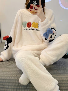 ชุดนอนผ้าฟลานเนลขนแกะหนาสำหรับผู้หญิง ฤดูใบไม้ร่วง/ฤดูหนาว ชุดนอนผ้าขนแกะคอรัล ลายการ์ตูน ชุดอยู่บ้าน ชุดนอนผ้าฟลานเนล ชุดนอนผ้าขนแกะคอรัล