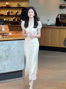 French Style Polka Dot Summer Dress Womens Gentle Elegant Bow Tie Design A-Line Skirt Short Sleeve round Neckline Single Piece