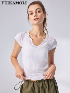 เสื้อยืดโยคะคอวีแขนสั้นระบายอากาศได้ดี ดูดซับเหงื่อ น้ำหนักเบา สำหรับผู้หญิง ฤดูร้อน 2023 ผ้าไนลอน ปกติ