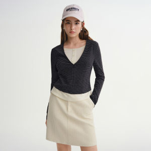 DUSHU | Layered Contrast Illusion Two Pieces Long Sleeve Base Layer Shirt Blouse Slim