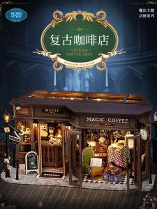 Cute Room DIY Miniature Art Model Vintage Coffee Shop Handmade Building Blocks Toy Birthday Gift for Ages 14+ Wood Material