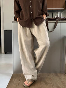 Quần Ống Đứng Vải Lanh Cotton Mỏng Nhẹ Màu Kaki Cho Nam Mùa Xuân Thu Quần Ống Rộng Rộng Rãi Thoải Mái Thường Ngày