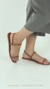 Flat Square Toe Ankle Strap Plain Leather Sandals