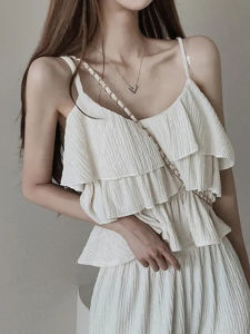 ชุดสองชิ้นแฟชั่นฤดูร้อนสำหรับผู้หญิง ชุดเดรสยาวคอวีแขนกุดพร้อมกระโปรงสั้นและกางเกงขายาวเอวยางยืด