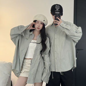 Couples Shirt Autumn American Retro Mens and Womens Coats Niche Design Drawstring Ruffle Long Sleeves Stripes Shirt