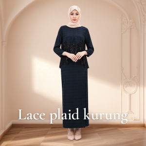 yeleedon Soft Cotton Plaid Embroidery Lace Soraya Kurung Kedah Baru Baju Raya Set Nursing Friendly front zipper Nikah Tunang