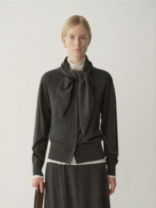 INSIS FEMME | Wool Silk Spring Round Neck Knit Cardigan with Bunny Ears Triangle Scarf