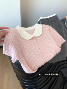 Áo Len Dệt Kim Tay Ngắn Ôm Vừa Vặn Phong Cách Nhật Bản Độc Đáo Cổ Búp Bê Màu Tương Phản Áo Sơ Mi Nữ Thu Đông 2025