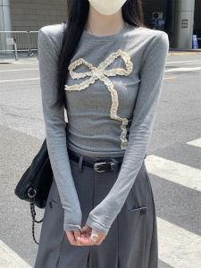 Spring Korean Style Slim Fit Long Sleeve Butterfly Knot Design Base Shirt Womens Inner Wear Grey T-Shirt Creative Pattern