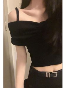 Black One-Shoulder Short-Sleeve T-Shirt Womens Stylish Short Length Strap Top Korean Style Slim Fit Belly Baring Fashionable Summer Tee