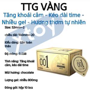 Bao Cao Su TTG 0.01mm Màu Vàng Siêu Mỏng Kéo dài - Nhiều gel gân gai OLO - Hộp 10 bcs