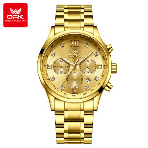 OPK Watch For Mens Waterproof Original Stainless Steel Strap Casual Fashion Chronograph Luminous Calendar Gold Watch