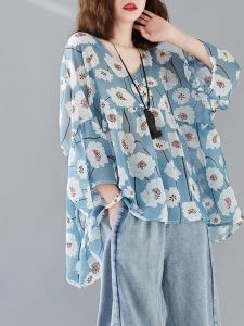 Loose Cotton Linen Shirt Lantern Sleeve V-neck Tunic Top Womens Fashion Spring Summer Autumn Floral Print Casual Office Wear